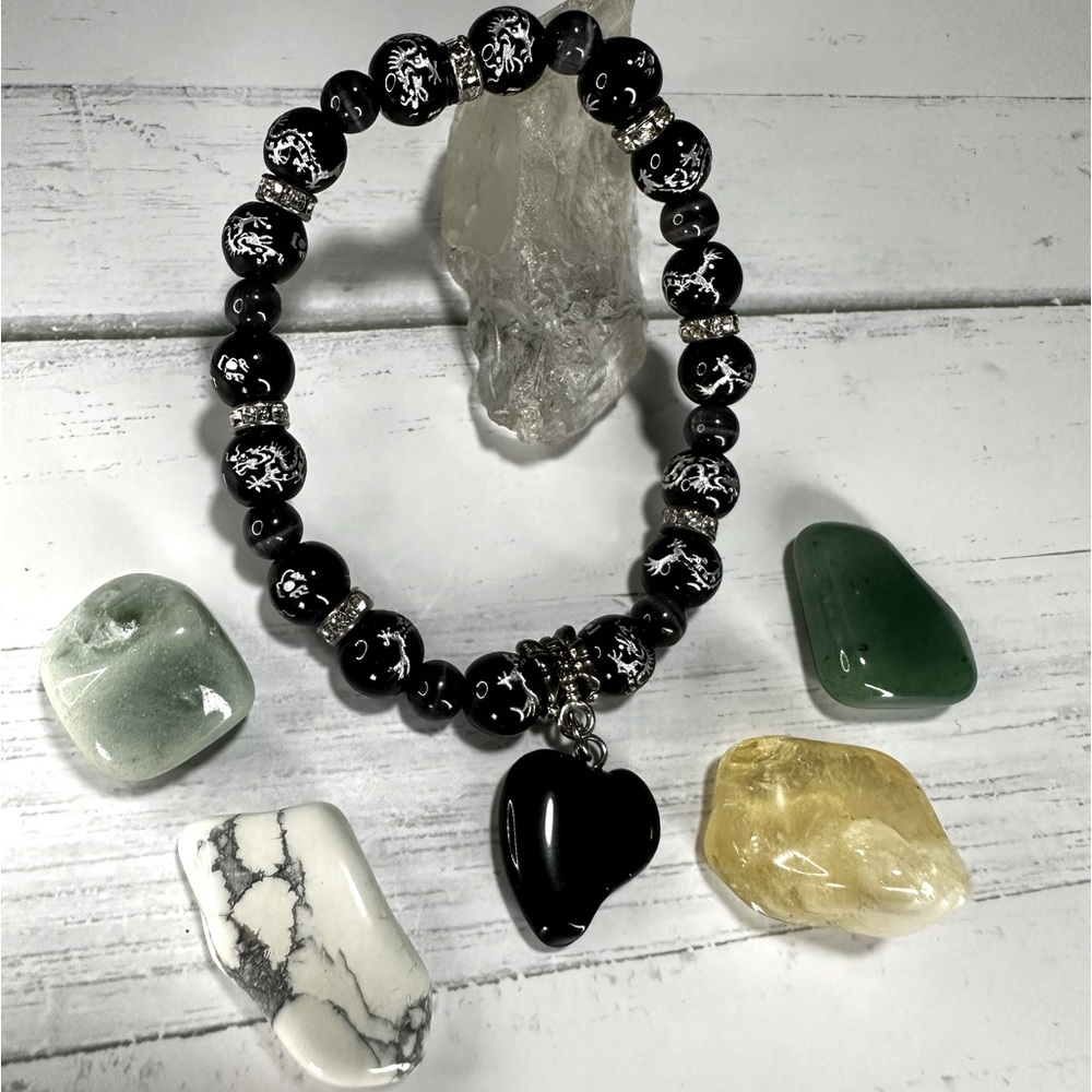 Silver Flying Dragon Black Agate 8mm & Black Cat Eye Bracelet& Black Agate Heart